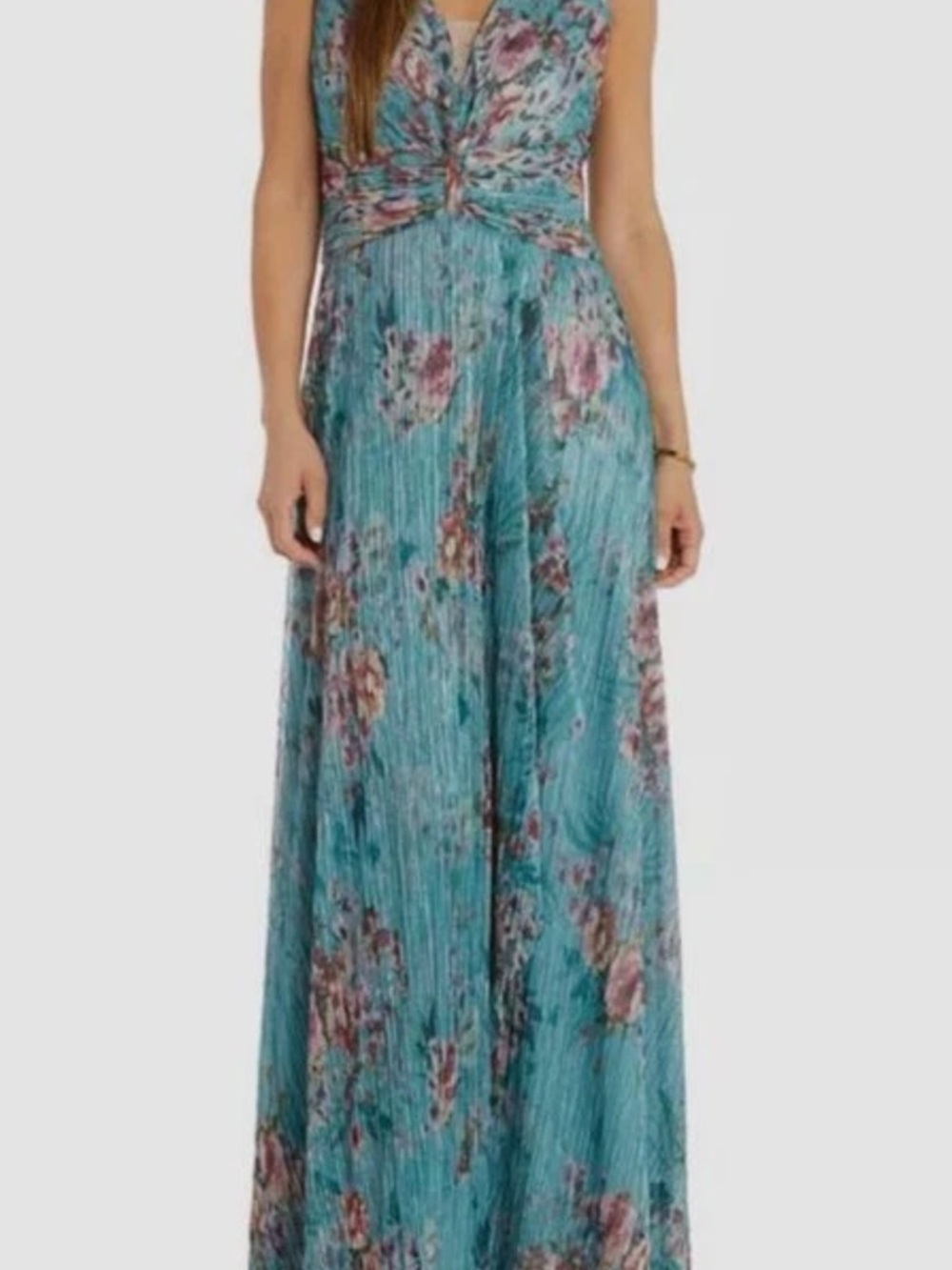 R&M Richards Floral Pleated Maxi Dress Ruched Turquoise Sleeveless Size 14 NEW